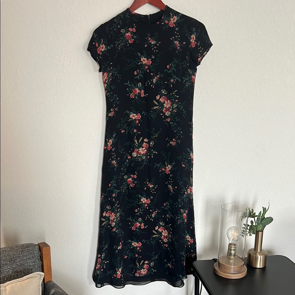 Lauren Ralph Lauren Black and Pink Mock Neck Sheath Midi Dress